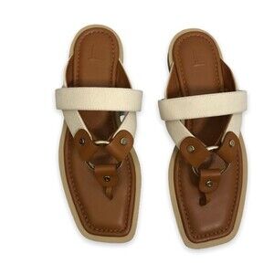 Lafayette 148 NEW YORK Sabine Leather & Canvas Flat Thong Sandal in Natural 41